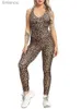 Kvinnors jumpsuits rompers leopard tryck sexig bodysuit kvinnor backless cross romper gym atletisk aktiv sport en bit sportkläder bodycon med bröst padl240111