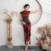 Robe de mariée chinoise traditionnelle en velours à paillettes, style sirène, manches longues, Cheongsam, robe chinoise pour dame Qipao, robe de soirée de mariée