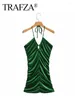 Casual Dresses Trafza Summer Mini Woman 2024 Trendy Green Sleeveless Hollow Out Backless Dekorera snörning Kvinnlig sexig veckad