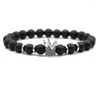 Strand 2024 Trendy Matte Black Natural Stone 8mm Bead Armband Bangle Pave CZ Crown Armband för Menwomen Diy Classical Charm Jewelry