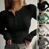 Blusas de mujer, blusas de Color liso con cuello redondo para mujer, blusa elegante de manga larga con detalle de botones, ajustada para otoño