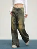 Pantalon en jean pour femme - Capris vintage pour femme - Jambe large - Y2k - Harajuku - Pantalon baggy décontracté - Streetwear - Patchwork d'hiver - Denim vieilli