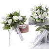 Dekoratif çiçekler yapay gül buket pembe beyaz ipek ile şerit nedime gelin partisi evlilik düğün aksesuarları