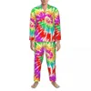 Pijamas masculinos tie dye print pijamas homens abstrato arco-íris moda casa nightwear outono 2 peças solto design de grandes dimensões conjuntos de pijama