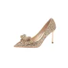 Klänningsskor Storlek 32-43 Pointed Stiletto Shallow High Heels Women Gold Sequin Wedding Bride Rhinestone Bow Pumps