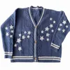 Autumn Star Embroidery Midnight Blue Cotton Sticked Cardigans Winter Warm Loose Fit Sweaters For Women Y2K Women Cardigan 240112