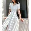 Party Dresses White Bubble Sleeve Women's Dress 2024 Summer V-Neck French Light Luxury Midje Show Thin Temperament Mallle A-line Long