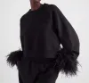 Whitney Wang Designer Style 2024 Spring Fashion Streetwear Puffy Real Ostrich Feathers Cuff Sweatshirt Women Pullover