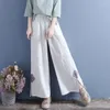 Calças femininas 2024 verão moda estilo étnico casual solto oversize cor sólida retro arte cintura alta bordado pan fivela perna larga