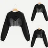 Sweats à capuche pour femmes Noir Sexy Sweat-shirts à capuche Crop Tops Mesh Patchwork Manches longues Sweat-shirt court Pull à capuche 2024 Automne