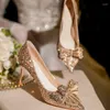 Klänningsskor Storlek 32-43 Pointed Stiletto Shallow High Heels Women Gold Sequin Wedding Bride Rhinestone Bow Pumps