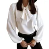Damenblusen, Damen-Langarmshirt, Polyester-Bluse, weich, atmungsaktiv, Schleife, Krawatte, elegantes Frühlings-/Herbst-Top
