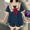 Vêtements de nuit pour femmes Pyjamas Ensemble d'été Costume à manches courtes Princesse Navy Style Doux Kawaii Étudiant Dessin animé Dames Bow Tie Vêtements de maison