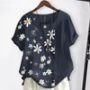 Blusas de mujer, camiseta de verano para mujer, estampado de flores, manga corta, decoración de botones, Top para mujer, jersey de longitud media con cuello redondo, ropa holgada