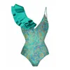 Costumi da bagno da donna Abiti da spiaggia 2024 Costume da bagno intero da donna con volant con stampa etnica Set bikini in poliestere femminile per