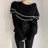 Women's Sweaters Korean Elegant Sweater Double Layer Ruffle Contrast Off Shoulder Pullover Ladies Black Jumper Long Sleeve Sexy Knit Y2k