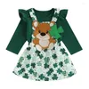 Conjuntos de ropa Baby Girls St Patrick S Day Trajes Conjunto de 3 piezas Conjunto de manga larga con volantes Camisa de mameluco Top Suspender Oso Elefante Tréboles Bordado