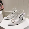 2024 New Designer Pointed Toe Stiletto Sandals Female Hollow Metal D-buckle Baotou patent Leather shiny genuine leather High-heeled Shoes 6.5cm 9.5cm with Box 35-42 big