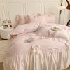 Pink Romantic French Princess Wedding Lace Ruffles Bow Bedding Set Soft Cozy Single Queen King Duvet Cover Bed Sheet Pillowcase 240112