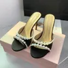 Mach Satijnen parelmoerpantoffels Muiltjes hakken Damesslippers Schoenen met hoge hakken Satijnen stiletto sandaal Instapper Open teen Luxe ontwerpers Fabrieksschoeisel 9,5 cm Maat 35-42