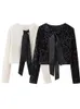 HH TRAF Vrouwelijke Chic Pailletten Tops High Street Oneck Lange Mouwen Strikje Blouses Damesmode Top Elegant Glanzend 240112