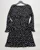 Designer dress French retro low round neck ruffled edge short floral drawstring long sleeved printed slim fit skirt