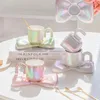 Cups Saucers Luxury Ceramic Mug Bow Knot Coffee Cup Saucer Set Light Couple Afternoon Tea Nordic Home Breakfast Milk Gifts