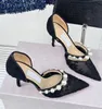 2024 Свадебные туфли-лодочки Роскошные сандалии Aurelie Женские с острым носком и жемчужными украшениями на ремешках Белые, черные кружевные вечерние туфли на высоком каблуке для свадьбы EU35-43 с коробкой