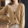Vinter 100%Pure Cashmere Cardigan Womens Plus Size Sweater Vneck Twist Coat Wool Knit tjock varm skjorta kvinnlig jacka 240112