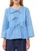 Damesblouses Dames Katoen Blauwe Streep Blouse 2024 Lente Gesplitste stropdas Lace Up Dames Geplooide Ruches Trui Shirt Top