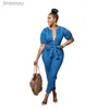 Women's Jumpsuits Rompers Denim Belt Jumpsuit Women Blue Rompers Long Overalls V-neck Prom Spring Autumn Formal Party Pockets Jeans Elegant Work BodysuitL240111