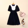 2024 Spring Black Contrast Color Ribbon Tie Bowknot Dress Short Sleeve Lapel Neck Sequins Knee-Length Casual Dresses A4J09