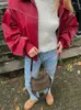 Autumn Cherry Red Leather Jacket For Women Loose Lapel Long Sleeve Raglan Jackets Fashion Chic Lady Warm Stitch Coat 240111