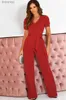 Women's Jumpsuits Barboteuses Combinaisons élégantes pour femmes 2024 été à lacets taille solide col en v manches courtes pantalon large femme banlieue bureau grande taille L240111