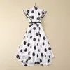 2024 Spring Polka Dot Ribbon Tie Belt Belted Dress White Sleeveless Stand Collar Long Maxi Casual Dresses A3J101745