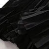 2024 frühling Schwarz Einfarbig Getäfelten Kleid Langarm Rundhals Taille Mit Gürtel Midi Casual Kleider A4J09