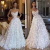 Boho A Line Wedding Dresses Bone Bodice Illusion V Neck Dress Sweep Train Full Floral Applicants Tulle Designer Wedding Bridal Clows