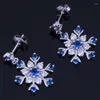 Boucles d'oreilles pendantes fantastiques flocon de neige bleu zircone cubique blanc CZ plaqué argent goutte V1023