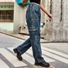 Женские джинсовые брюки-капри-карго Y2K, свободные прямые модные уличные брюки с высокой талией и несколькими карманами, повседневные женские синие джинсовые брюки