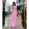 Bältdekorativ kort ärmjacka Blazer Casual Wide Leg Pants Two Piece Elegant Women's Suit Office Outfits Pink Set 240112