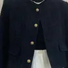 Весенне-осенняя женская твидовая базовая куртка с круглым вырезом и длинным рукавом, однобортное короткое пальто, женская черная винтажная верхняя одежда 240112