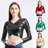 Women's Blouses Women Club Top Short Waist-exposed Long Sleeve V Neck Smooth Glossy Faux Leather Pullover Slim Fit Performance Dance Lady