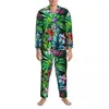 Pijamas masculinos folhas florais outono tropical fes diversão selva impressão casual oversize pijama conjunto homem manga longa casa gráfico nightwear