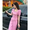 Bältdekorativ kort ärmjacka Blazer Casual Wide Leg Pants Two Piece Elegant Women's Suit Office Outfits Pink Set 240112