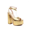 Sandals 2024 Shiny Leather Snake Pattern Sexy Super High Thick Heel Ankle Cross Strap Buckle Gold Bling Peep Toe Shoes Summer