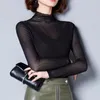 Women's T Shirts Clothing Sexy See Through Half High Collar Black Basic T-shirts Autumn Fashion Long Sleeve Slim Bright Silk Elegant Tops