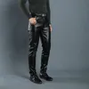 Mens Leather Pants Elastic High Waist Casual PU Trousers Korean Fashion Skinny Male Motorcycle Waterproof 240111