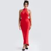 Casual Dresses Sladuo Women's Halterneck Red Bow Backless Satin Maxi Dress Sexy Silky Evening Party Club Bodycon Christmas Vestidos