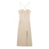 Casual Dresses Summer Dress Women 2024 Gathered Sweetheart Neck Front Slit Faux Linen Spaghetti Strap Tie Back Sexy Party Midi