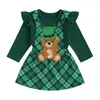 Conjuntos de ropa Baby Girls St Patrick S Day Trajes Conjunto de 3 piezas Conjunto de manga larga con volantes Camisa de mameluco Top Suspender Oso Elefante Tréboles Bordado